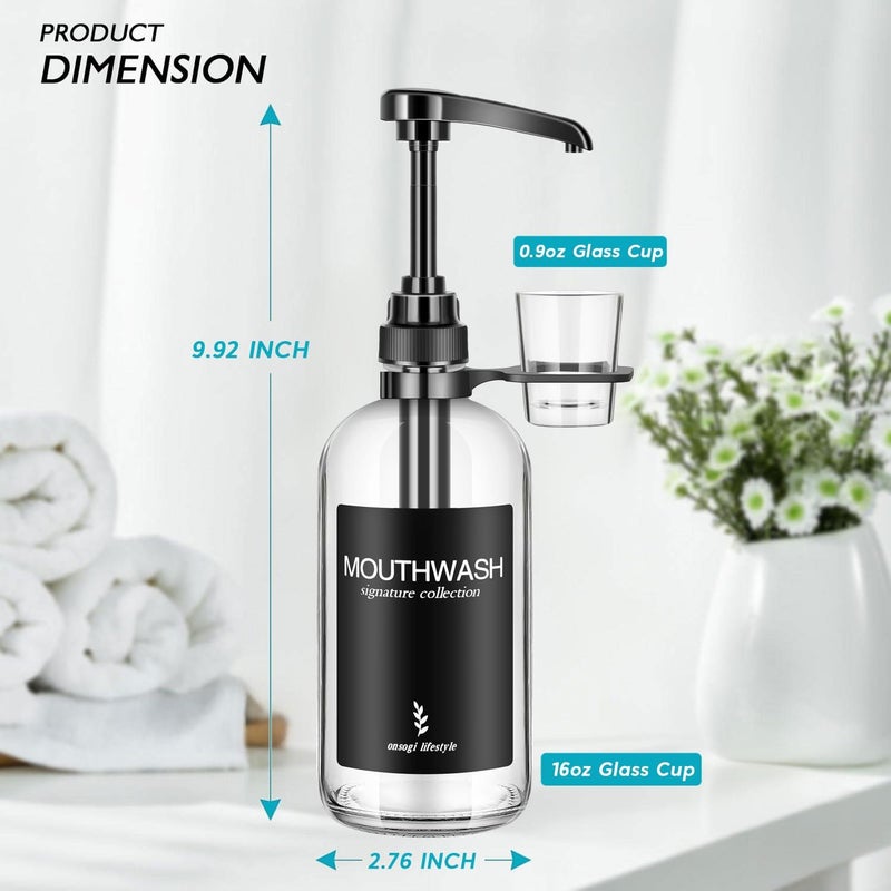 onsogi Clear Glass Mouthwash Dispenser with Black Cup Holder and Pump, 16 Oz Rustic Boho Mouthwash Dispenser for Bathroom Farmhouse Decor - 1 Pack - Image 2